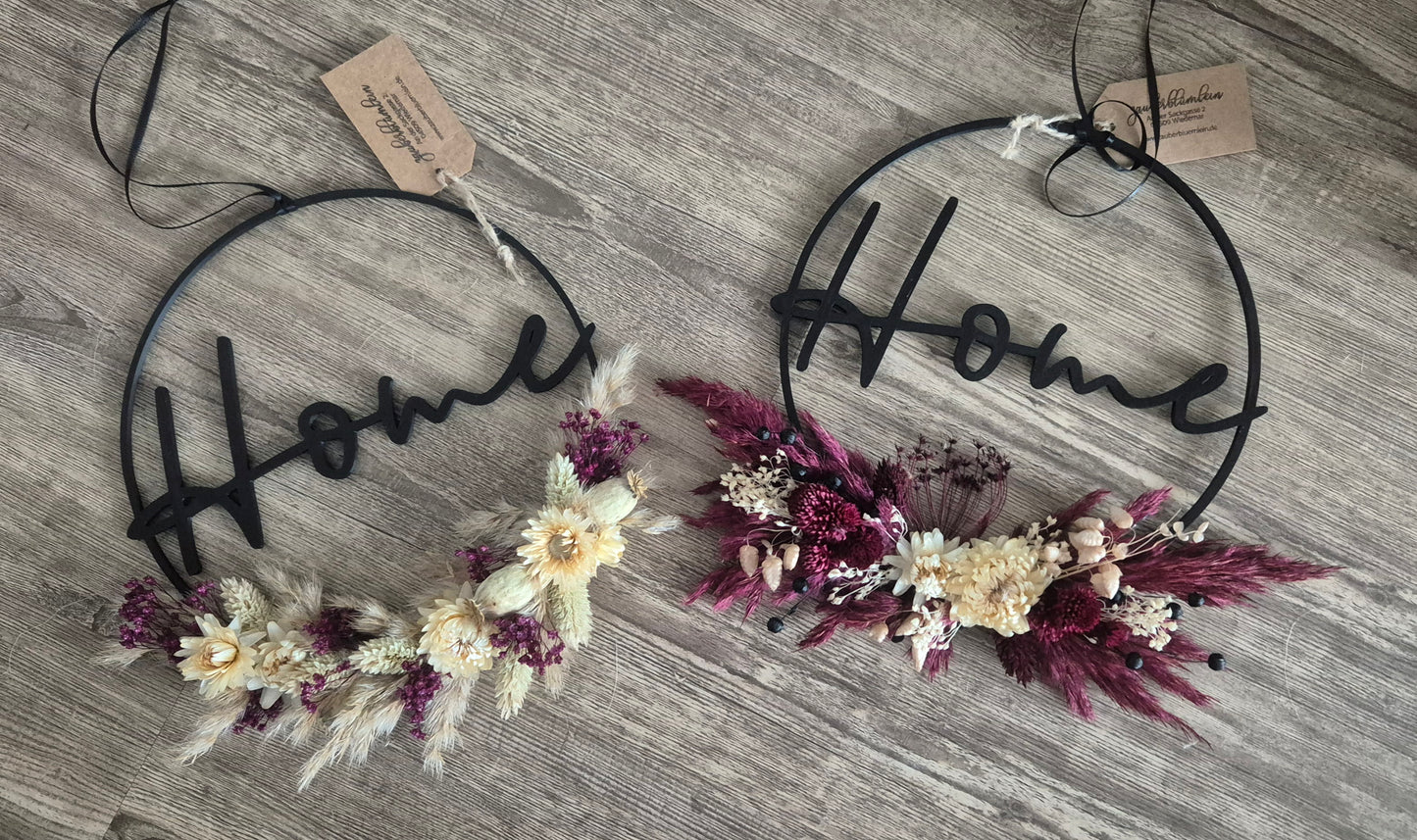 Flower-Hoop "Home" mit Trockenblumen Schwarz, Pflaume, Cremeweiß