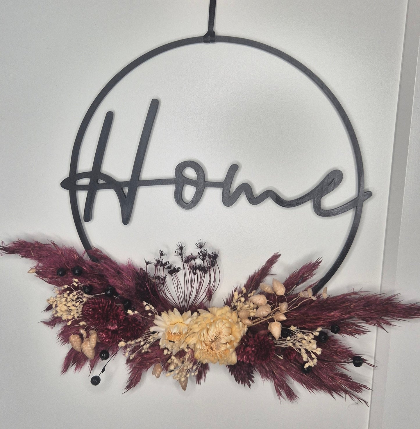 Flower-Hoop "Home" mit Trockenblumen Schwarz, Pflaume, Cremeweiß
