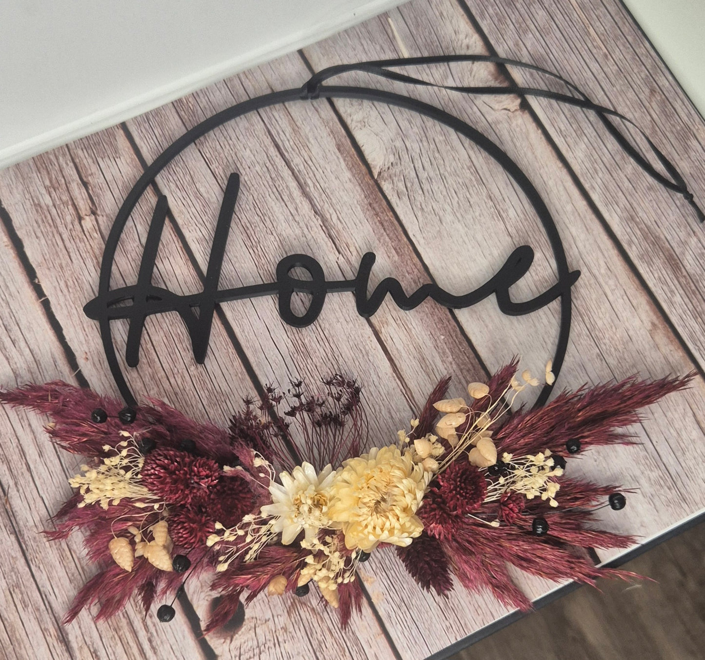 Flower-Hoop "Home" mit Trockenblumen Schwarz, Pflaume, Cremeweiß
