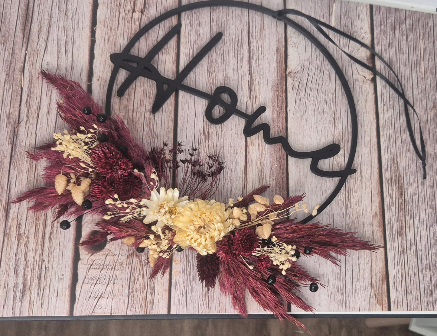 Flower-Hoop "Home" mit Trockenblumen Schwarz, Pflaume, Cremeweiß