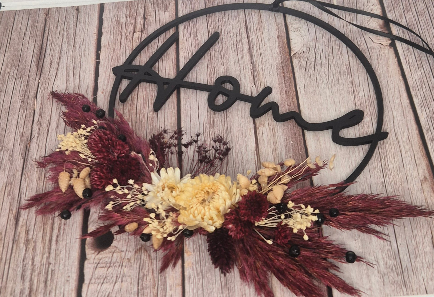 Flower-Hoop "Home" mit Trockenblumen Schwarz, Pflaume, Cremeweiß