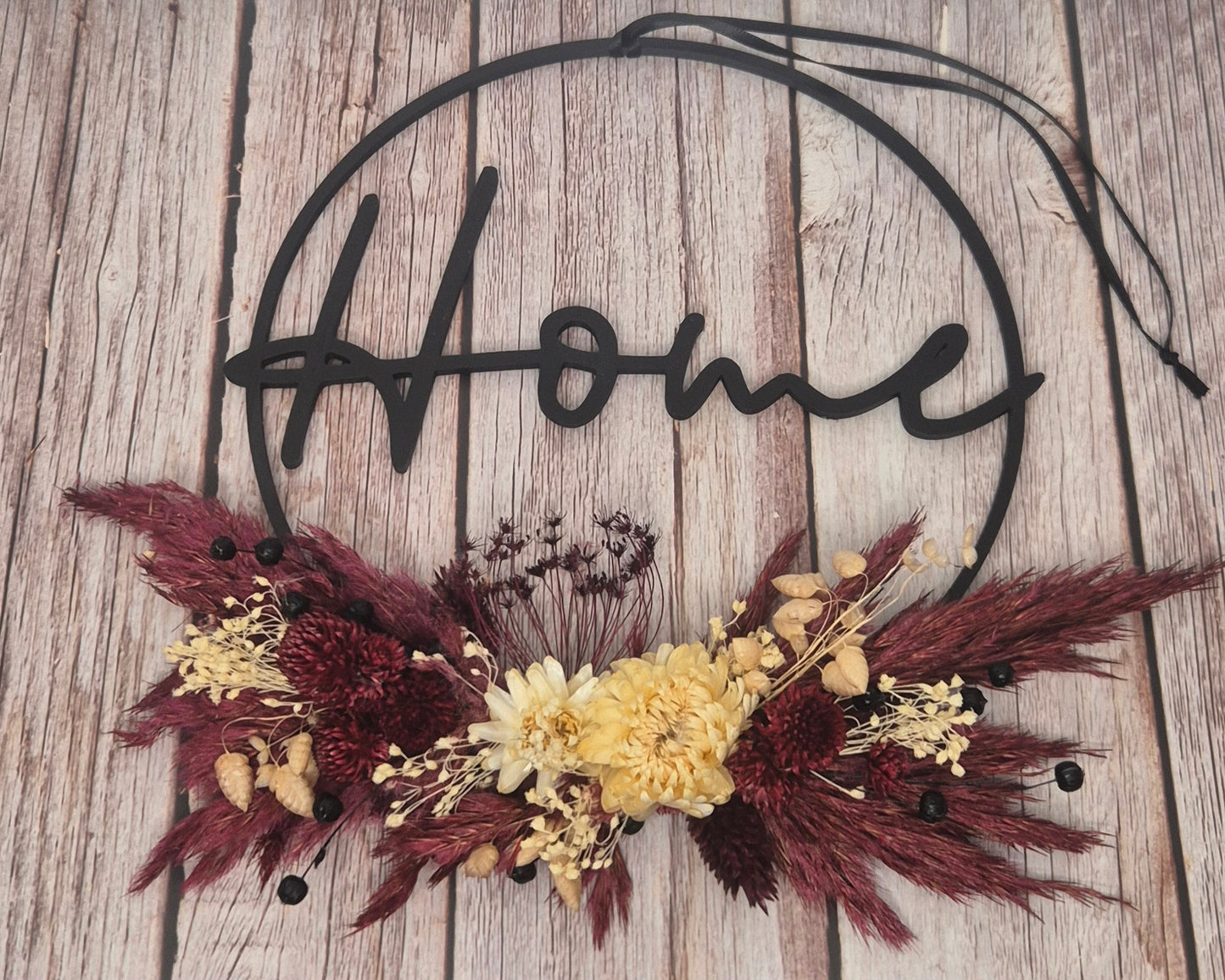 Flower-Hoop "Home" mit Trockenblumen Schwarz, Pflaume, Cremeweiß