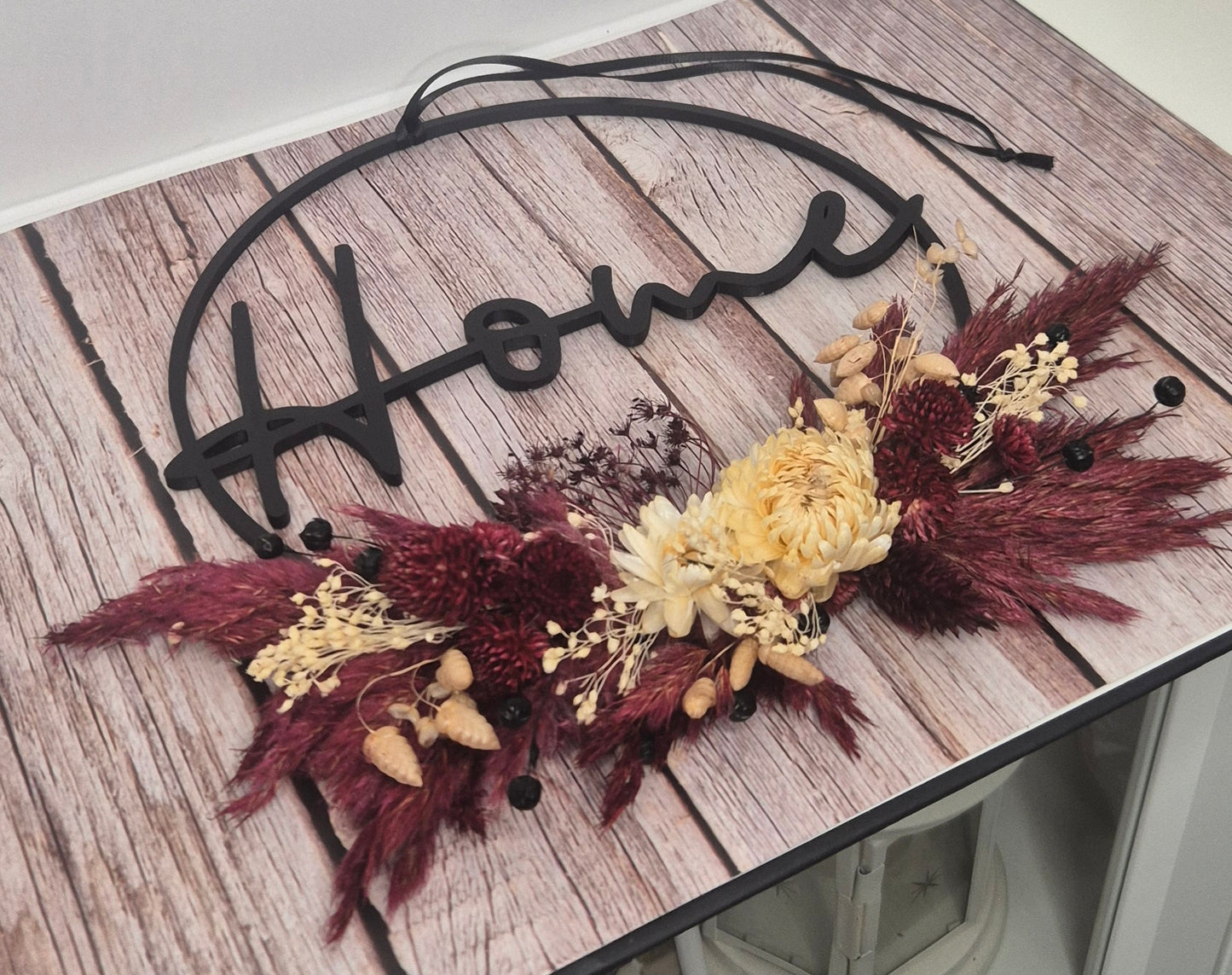 Flower-Hoop "Home" mit Trockenblumen Schwarz, Pflaume, Cremeweiß