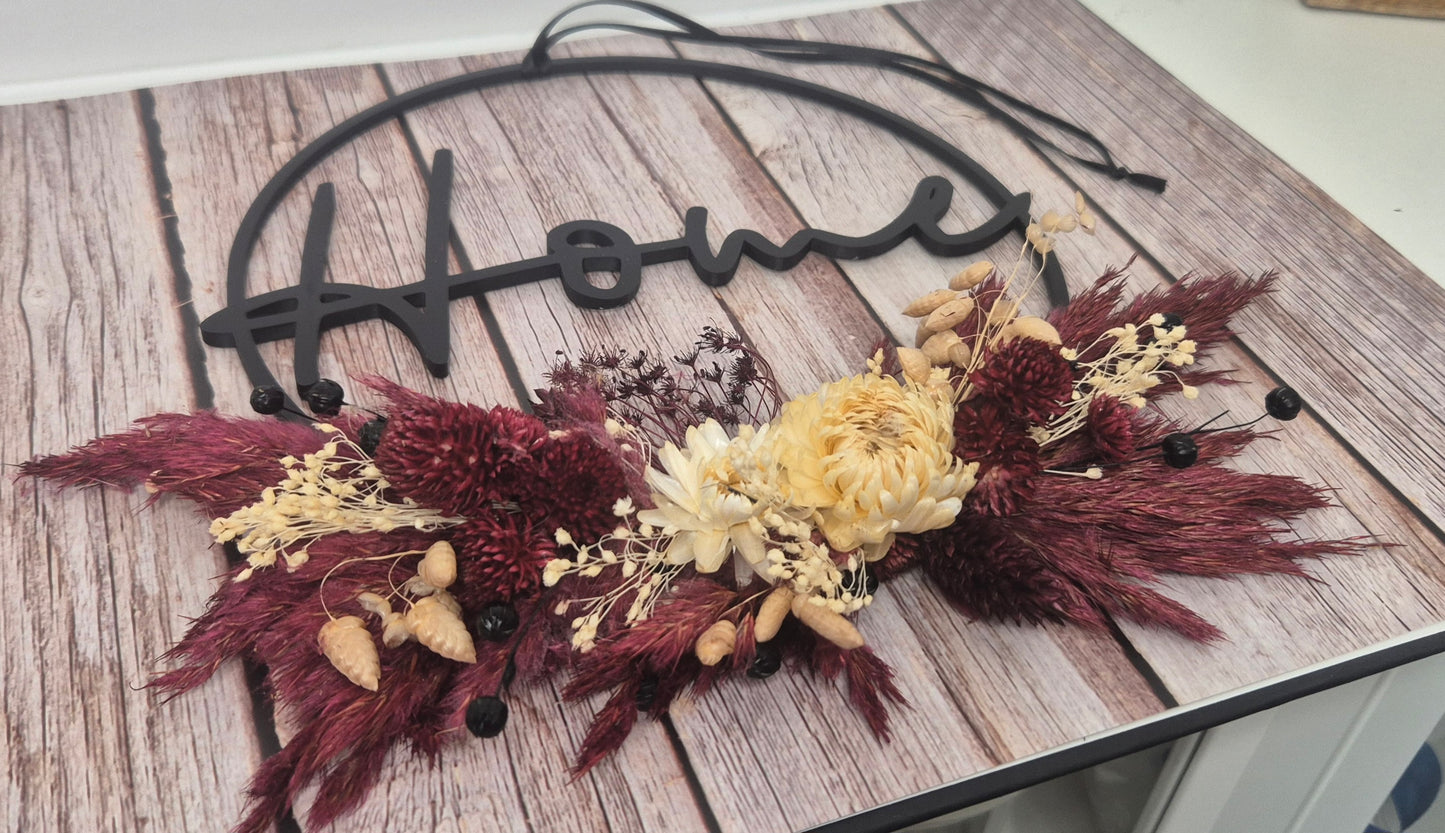 Flower-Hoop "Home" mit Trockenblumen Schwarz, Pflaume, Cremeweiß