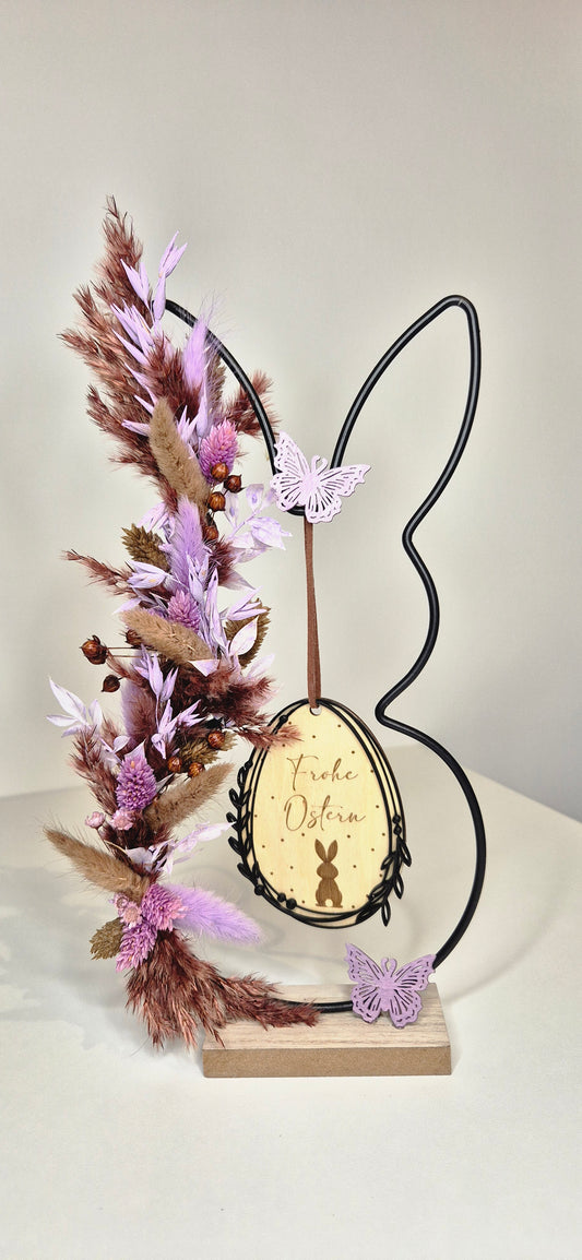 Deko-Hase zum Stellen mit Trockenblumen und Holz-Ei "Frohe Ostern"
